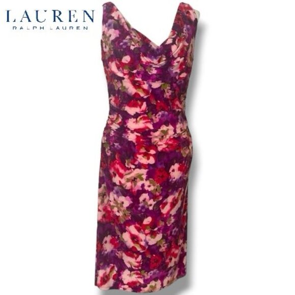 Lauren Ralph Lauren Dress Ruched Midi Pink Purple Floral Cowl Drape Neck | Sz 16 - Picture 1 of 12